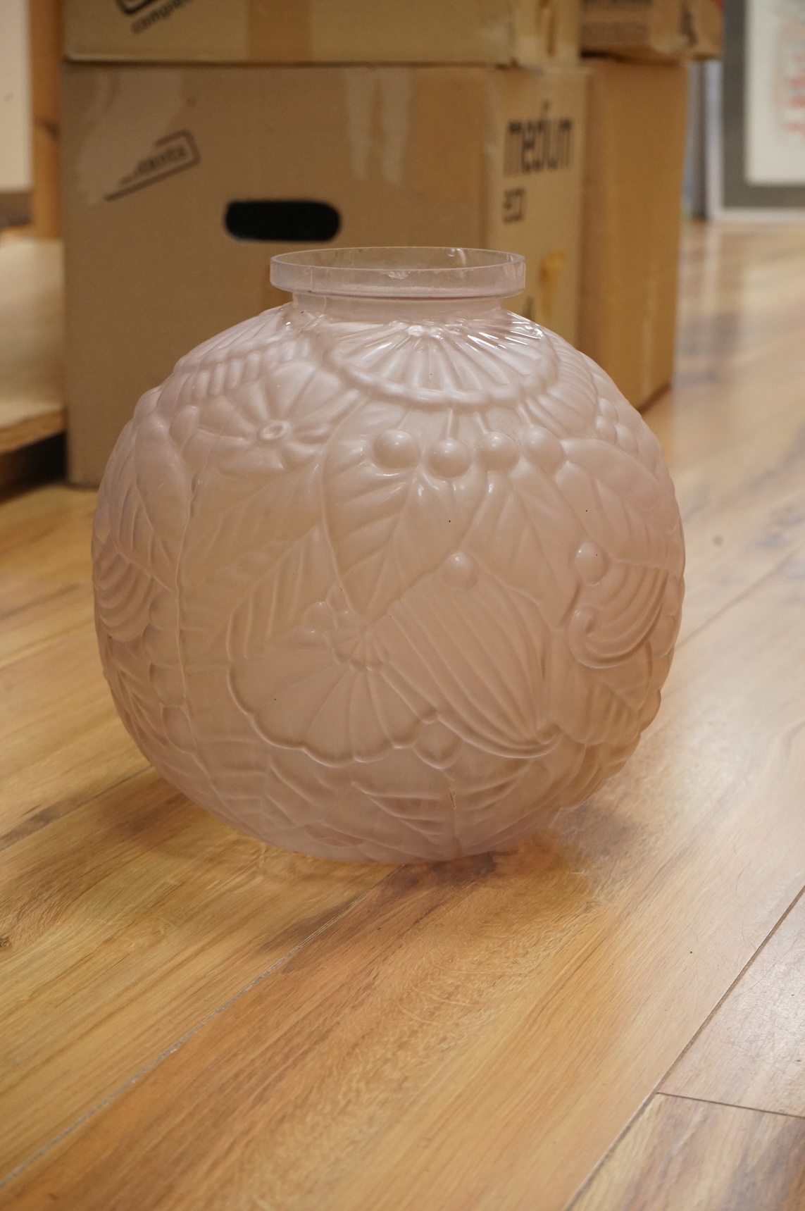 Two French Art Deco pressed peach glass vases, tallest 29.5cm